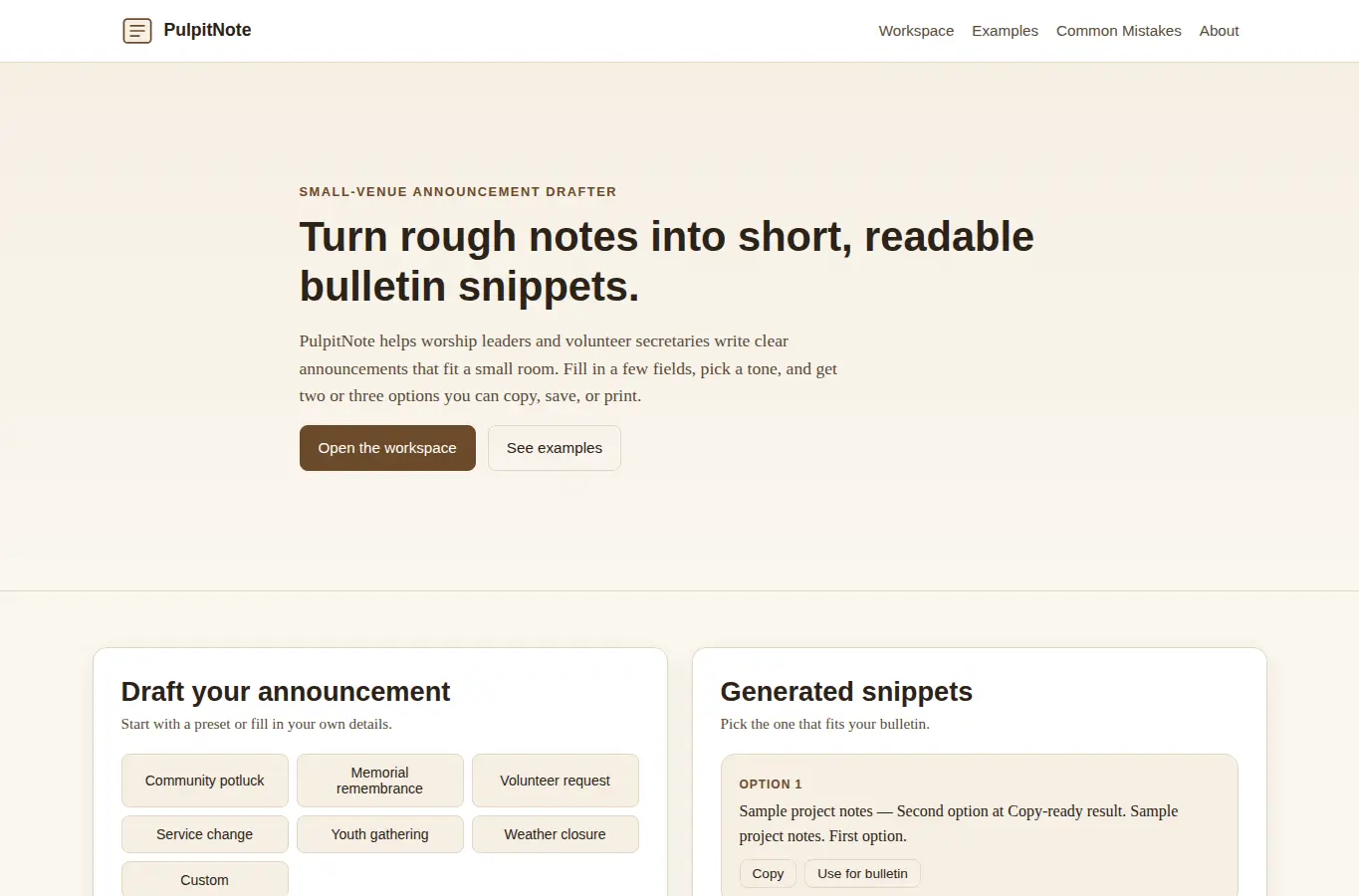 Screenshot of PulpitNote – Small Congregation Announcement Snippet Drafter interface showing the project page in use